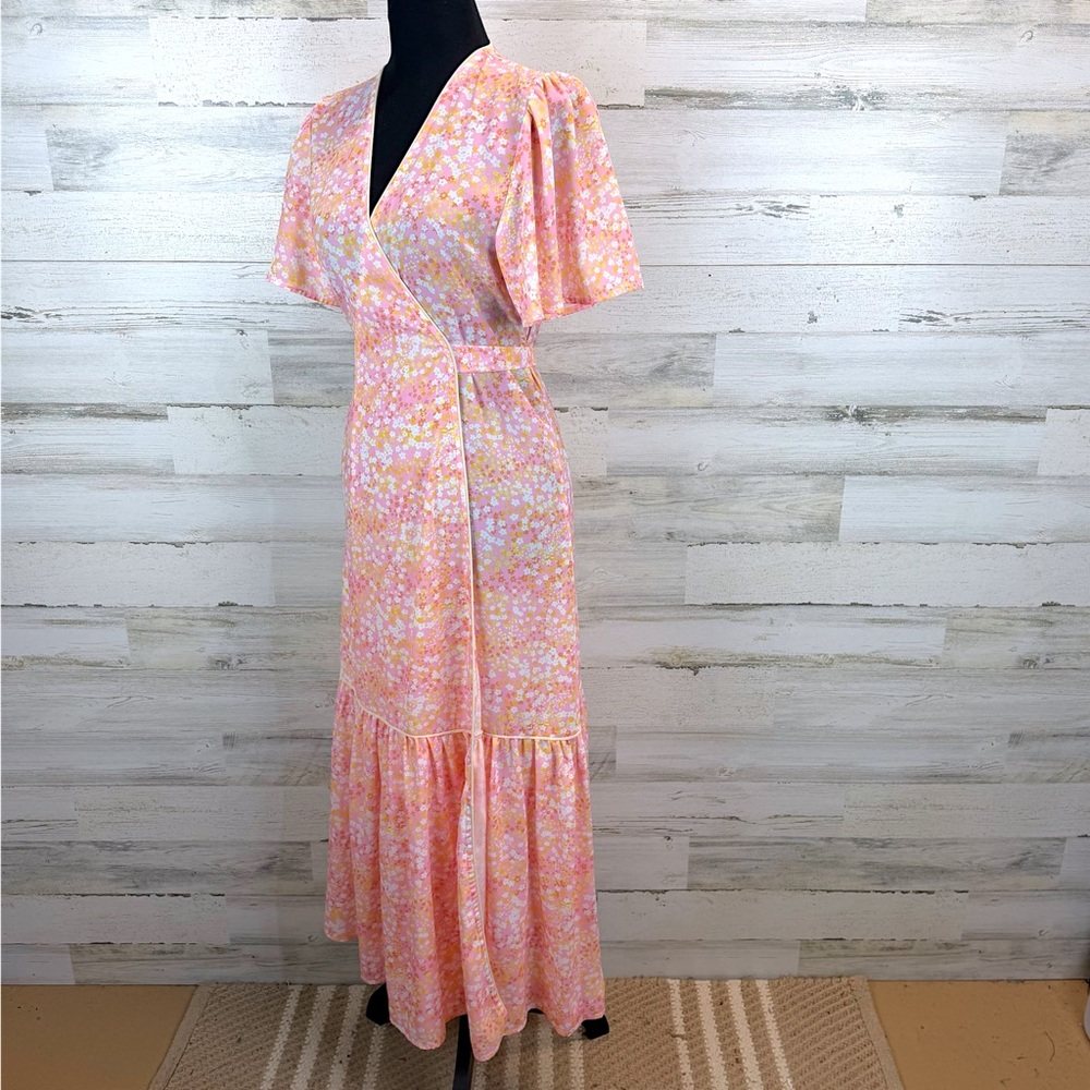 LaRoque Floral Wrap Midi Dress Pink Yellow Cottagecore Preppy Feminine Small - Picture 5 of 16